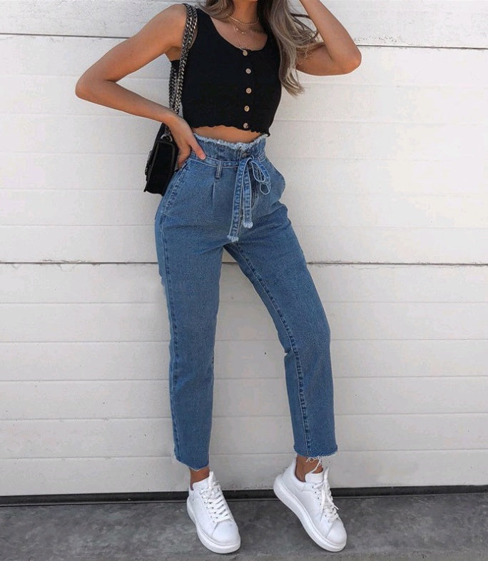 Pantalon crayon en jean délavé taille haute pour femme