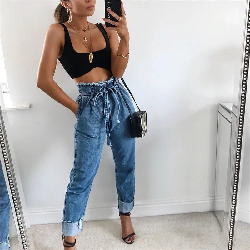 Pantalon crayon en jean délavé taille haute pour femme