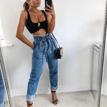 Pantalon crayon en jean délavé taille haute pour femme