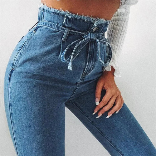 Pantalon crayon en jean délavé taille haute pour femme